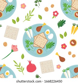 Pesah celebration concept , Jewish Passover holiday seamless pattern. Traditional Passover icons and symbols , four wine glasses, Matza, spring flowers and more.