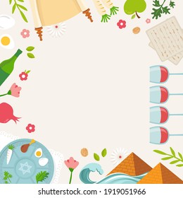 Pesah celebration concept , Jewish Passover holiday. Greeting cards with traditional icons, four wine glasses, Matzah and spring flowers. vector illustration