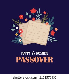 Concepto de celebración de Pesah, feriado jewish Passover. Pan de Matzah, flores de primavera y saludo de pascua. Plantilla de pesach, invitación y diseño de tarjeta de saludo