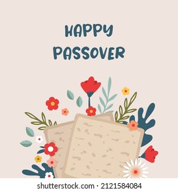 Pesah celebration concept, jewish Passover holiday. Matzah bread, spring flowers and passover greeting. Pesach template, invitation and greeting card design