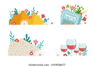 Pesah Feiern Grußsymbole, jüdische Pessach Urlaub. Grußkarten mit traditionellen Symbolen, vier Weingläser, Matzah und Frühlingsblumen. Illustration. Haggadah auf Hebräisch