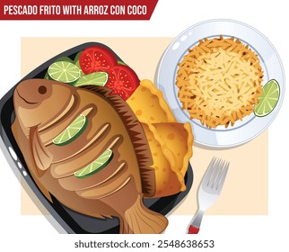 Pescado Frito Serviu com Arroz Con Coco. Tostones, tomates e alface como aperitivos no lado. Espanhol Columbian Misturado Cozinha Ilustração Detalhada. Vista superior jantando cena 