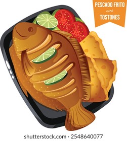 Pescado Frito com Tostones, Limão e tomates lados em bandeja preta isolada. Vista superior espanhol frito peixe ilustração detalhada 