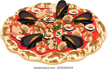 Pescatore ist eine Pizza mit vielen Meeresfrüchten. Ein Gericht, bei dem Sie Meeresfrüchte mit Tomatensauce als Basis genießen und mit Tintenfisch, Garnelen, Muscheln, Muscheln, Jakobsmuscheln und schwarzen Oliven bedeckt sind.