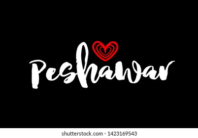 Peshawar city text with red love heart design on black background for typographic logo icon design
