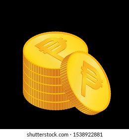 Peso. 3D isometric Physical coins. Currency. Golden coins with Peso symbol isolated on black background. Vector illustration. Philippines - Vector. PHP.