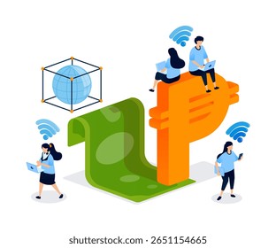 Peso and dollar currencies connected via Wi-Fi and internet symbols represent global digital trade, currency circulation, and cross border financial exchange. Can be used for banner, mobile app, ads