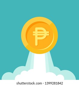 Peso gold coin as rocket flies up. Currency strengthening and increasing of exchange rate. Income growth. Financial success. Flat icon. Isolated on white. 