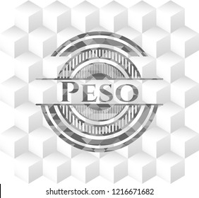 Peso grey badge with geometric cube white background