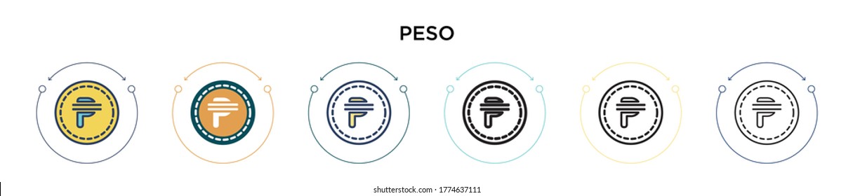 Peso icon in filled, thin line, outline and stroke style. Vector illustration of two colored and black peso vector icons designs can be used for mobile, ui, web