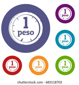 Peso icons set in flat circle red, blue and green color for web