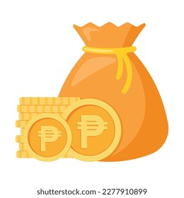 Peso Philippines Money Currency coins in bag icon cash, interest rate, business and finance, return on investment, financial solution, prepayment and down payment concept. Cartoon minimal style