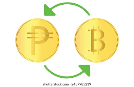 Peso symbol coin To Bitcoin currency converter with arrows isolated on white background. Editable trading market clipart vector EPS available