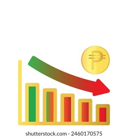 Peso symbol coin Declining bar decreasing graph with down-word arrow template isolated on white background falling bar chart showing the loss