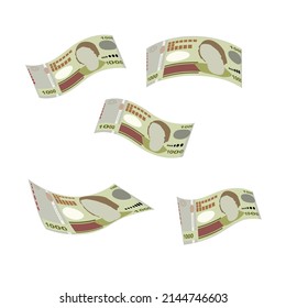 Peso Uruguayo Vector Illustration. Uruguay money set bundle banknotes. Falling, flying money 1000 UYU. Flat style. Isolated on white background. Simple minimal design.