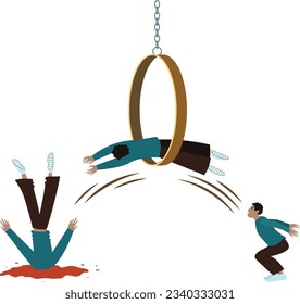 A peson failes the task, attempt or challenge. Somebody got in way over his head. Symbol of failure in getting success. Jump through a hanging ring. Vector illustration in cartoon style.