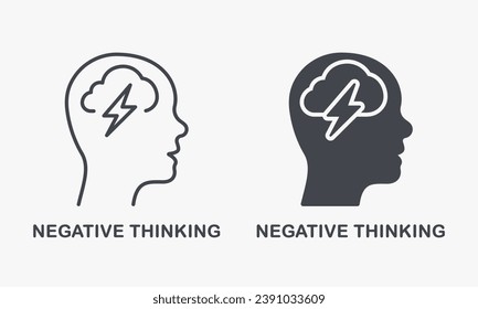 Pessimism, Frustration, Furious Expression Symbol Collection. Negative Thinking Silhouette and Line Icon Set. Pessimistic Mental Disorder, Thunder in Human Head. Isolated Vector Illustration.