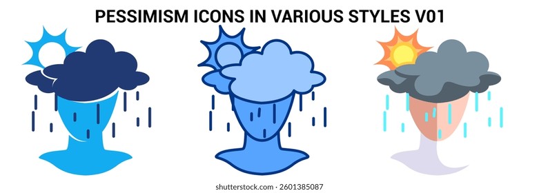 Pessimism icon represented by head, rain, cloudy, sun Blue, Flat, Dualtone style.