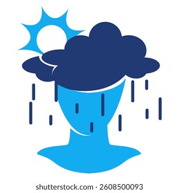 Pessimism icon represented by head, rain, cloudy, sun Dualtone style.