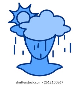 Pessimism icon represented by head, rain, cloudy, sun Blue style.
