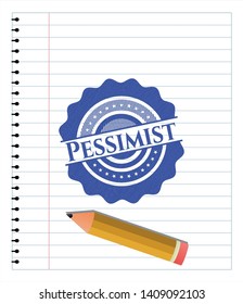 Pessimist emblem draw with pen effect. Blue ink. Vector Illustration. Detailed.
