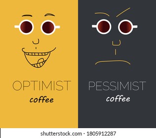 PESSIMIST and optimist cafe, coffee cup, signboard, flyer, yellow background and dark background, vector