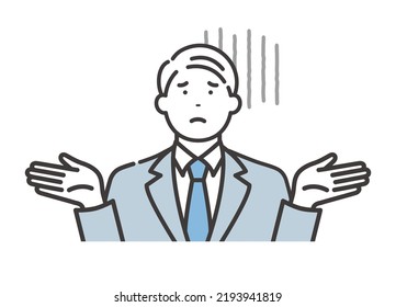 Pessimistic business man. A pose that spreads his hands and looks up at the sky.