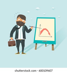 Pessimistic business man showing bear falling market chart. Downward trend. Vector illustration in flat style.