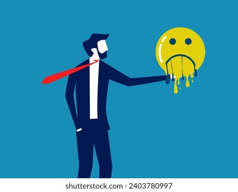 Pessimistic concept. Businessman holds a melting sad face icon