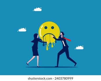 Pessimistic concept. Two businessmen helping each other carry a melting sad face icon