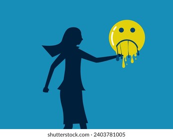 Pessimistic concept. woman holds a melting sad face icon