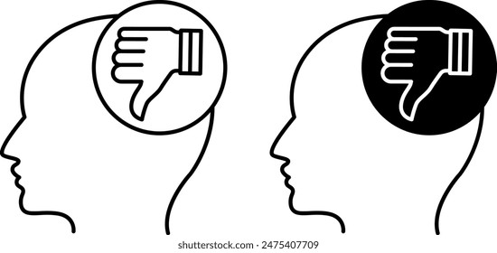 Pessimistische Symbole. Schwarz-Weiß-Vektorsymbole. Menschlicher Kopf und Daumen nach unten. Negative Aussichten auf das Leben, Emotionen. Psychische Gesundheit. Stimmung