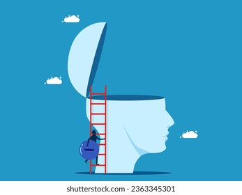 Pessimistic thoughts. Businessman holding negative thinking icon climbing stairs on big head