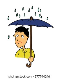 The pessimistic upset man  tired of the constant heavy rains and cold weather and displeased looking at raindrops, hiding under a big umbrella during the walk. 