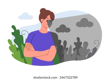 Pessimistic woman pays attention only to negative due to psychological disorder that causes stress and depression. Pessimistic girl needs help of psychologist after mental burnout and melancholy