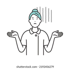 A pessimistic young female nurse. A pose that spreads her hands and looks up at the sky.