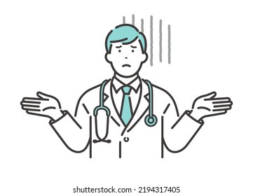 Pessimistic young male doctor. A pose that spreads his hands and looks up at the sky.