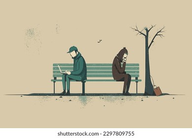 Pessimists at park bench, Modern, Clean, Simple and Minimal, Streamlined Tech Illustration