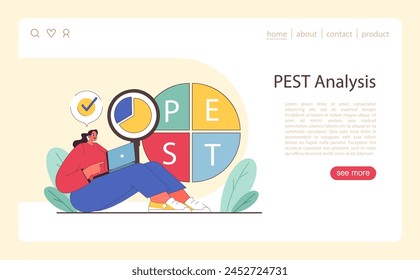 Concepto de análisis PEST. Empresaria evaluando mercado con gráfico de tarta política, económica, social y tecnológica. Análisis estratégico de mercado. Ilustración vectorial plana.