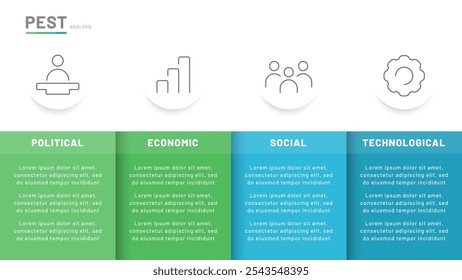 Análisis de PEST que consta de los siguientes factores: políticos, económicos, sociales, tecnológicos. Se puede utilizar para la presentación