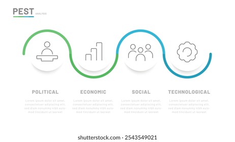 Análisis de PEST que consta de los siguientes factores: políticos, económicos, sociales, tecnológicos. Infografía de 4 etapas, se puede utilizar para la presentación