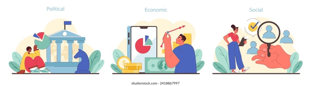 PEST analysis facets set. Dissecting political, economic, and social influences on business. Pie charts, growth metrics, and demographic studies. Flat vector illustration.