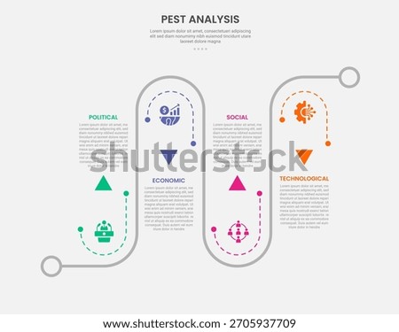 PEST analysis infographic outline style with roadway journey up and down on line direction 4 point template with for slide presentation vector