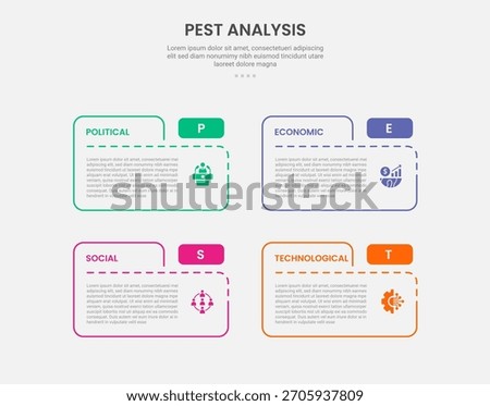 PEST analysis infographic outline style with box table folder shape 4 point template with for slide presentation vector