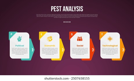 PEST analysis infographic template with box table with arrow background accessories with dark background style with 4 point for slide presentation vector