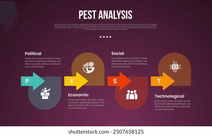 PEST analysis infographic template with creative arrow and round circle on horizontal direction with dark background style with 4 point for slide presentation vector