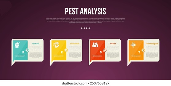 PEST analysis infographic template with creative callout box with sharp arrow bottom with dark background style with 4 point for slide presentation vector