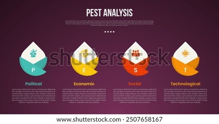 PEST analysis infographic template with creative circle sharp edge on top with dark background style with 4 point for slide presentation vector