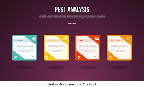 PEST analysis infographic template with dark gradient background style with creative box container with shadow bottom 4 point for slide presentation vector