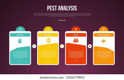 PEST analysis infographic template with dark gradient background style with creative linked box table with circle on header 4 point for slide presentation vector